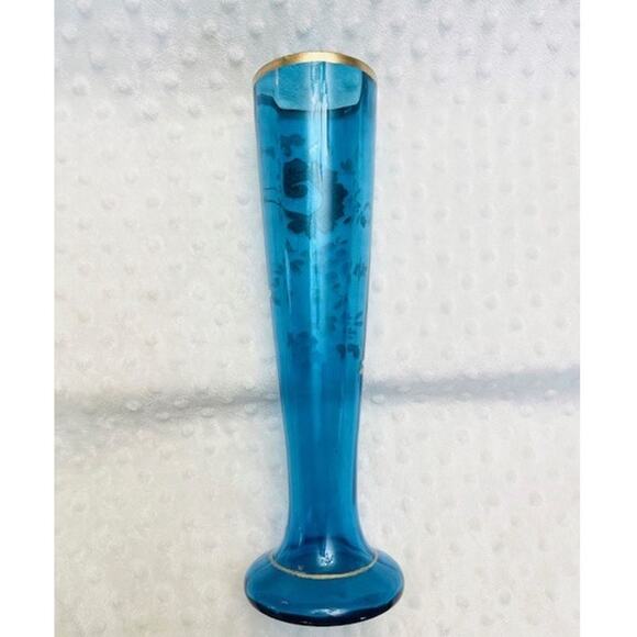 Antique Turquoise French Enamel Glass Vase, Hand Painted Floral, Gold Gilt 1900s - Picture 3 of 7